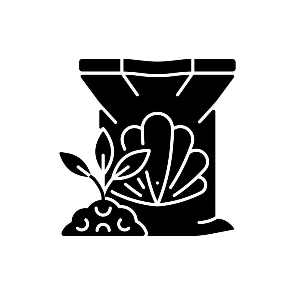 Shellfish fertilizer black glyph icon. Organic soil and plants supplement. Seafood byproduct as plant feeding. Natural additive. Silhouette symbol on white space. Vector isolated illustration