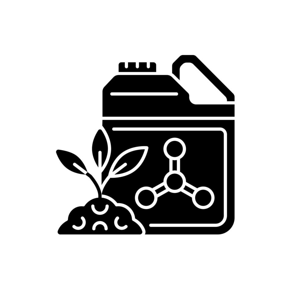 Synthetic fertilizers black glyph icon. Inorganic substance for feeding plants. Chemical feeding and supplement for crops. Silhouette symbol on white space. Vector isolated illustration