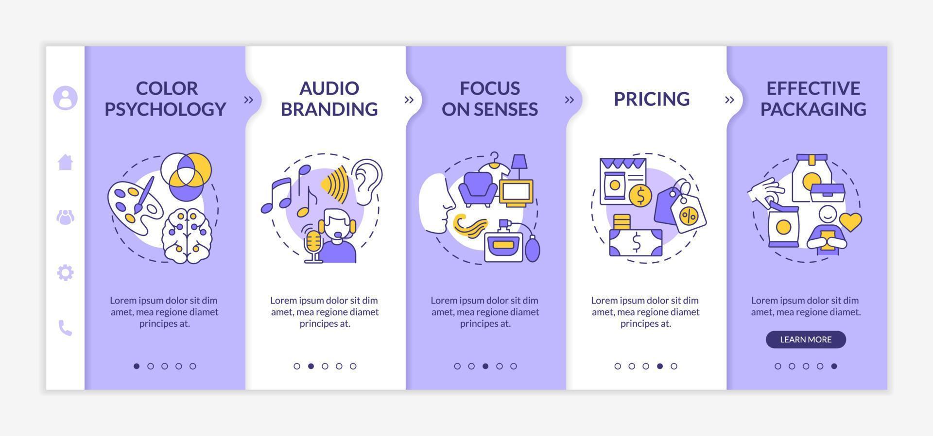 Neuromarketing tools onboarding vector template. Responsive mobile website with icons. Web page walkthrough 5 step screens. Focusing on customers senses color concept with linear illustrations