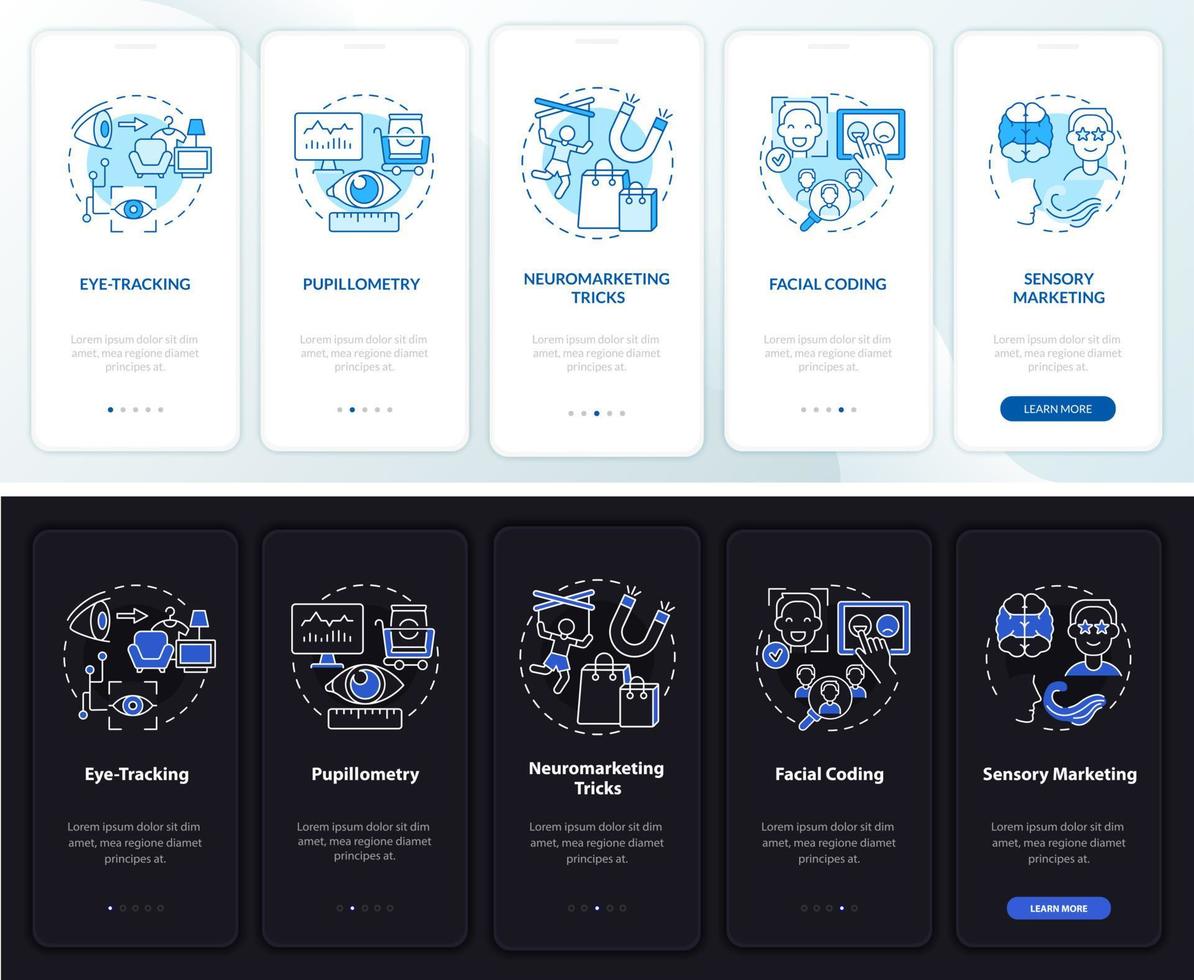 métodos de neuromarketing que incorporan la pantalla de la página de la aplicación móvil. Tutorial de codificación facial Instrucciones gráficas de 5 pasos con conceptos. ui, ux, plantilla vectorial gui con ilustraciones lineales en modo día y noche vector