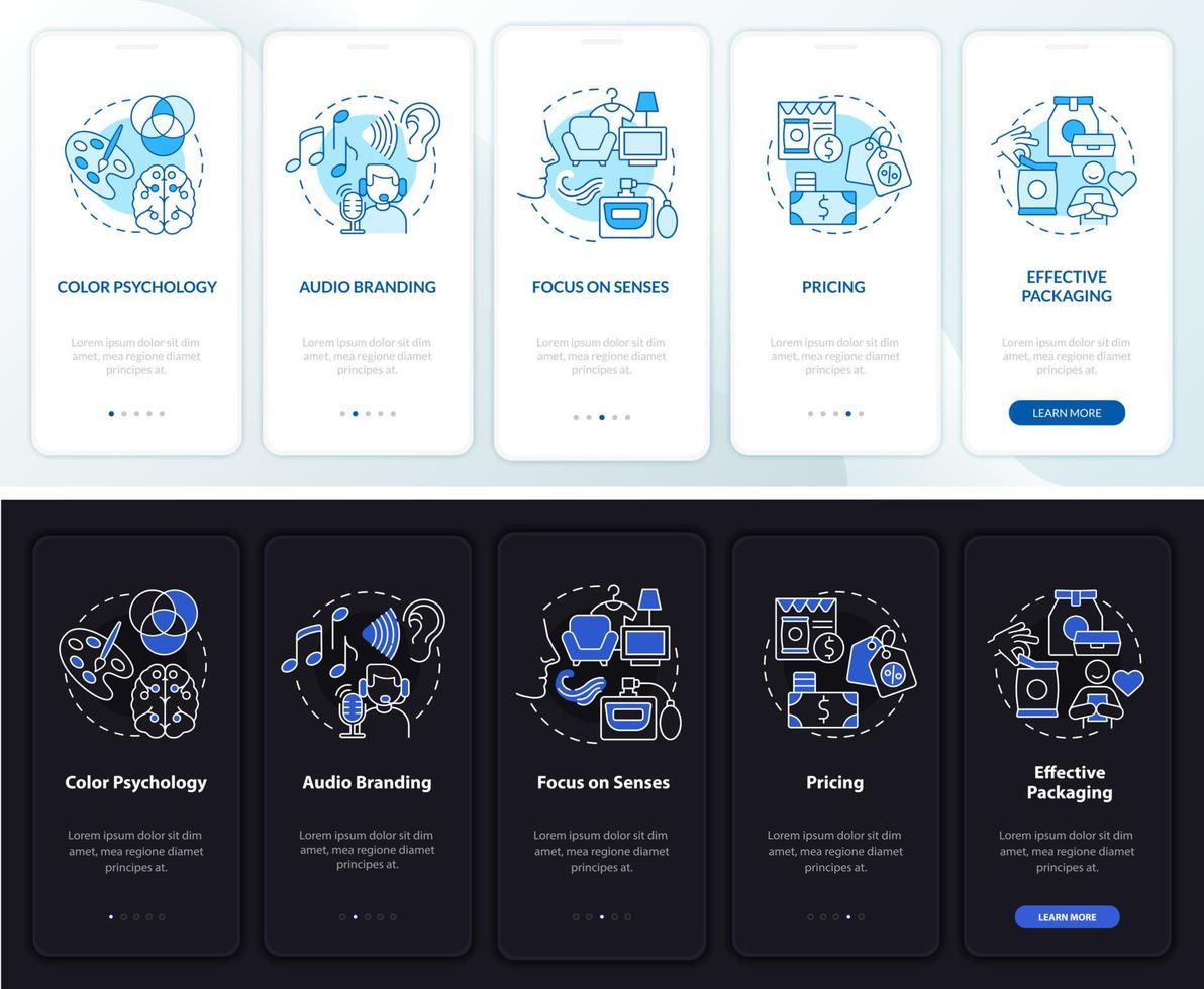 Neuromarketing cases onboarding mobile app page screen. Audio branding walkthrough 5 steps graphic instructions with concepts. UI, UX, GUI vector template with linear night and day mode illustrations