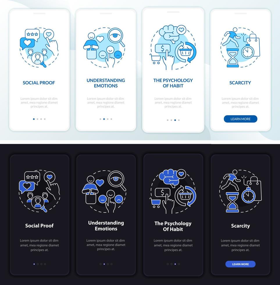 Neuromarketing canons onboarding mobile app page screen. Social proof walkthrough 4 steps graphic instructions with concepts. UI, UX, GUI vector template with linear night and day mode illustrations