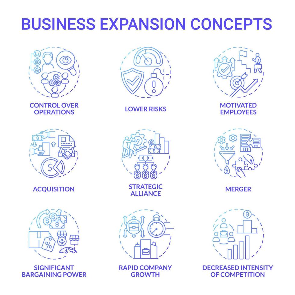 Business expansion blue gradient concept icons set. Company growth and development idea thin line color illustrations. Merger, acquisition. Market competition. Vector isolated outline drawings