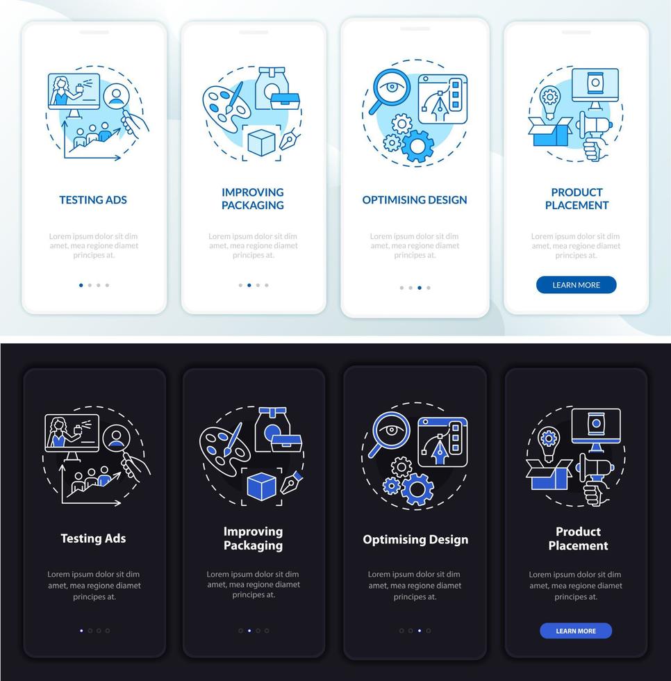 Usage of neuroscience onboarding mobile app page screen. Design testing walkthrough 4 steps graphic instructions with concepts. UI, UX, GUI vector template with linear night and day mode illustrations