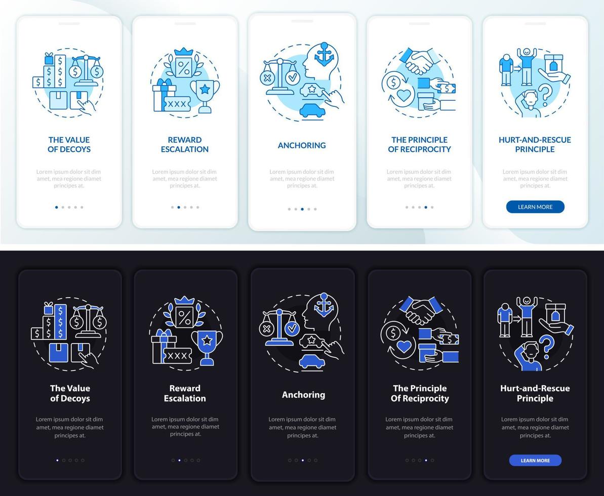 Neuroscience principles onboarding mobile app page screen. Decoy effect walkthrough 5 steps graphic instructions with concepts. UI, UX, GUI vector template with linear night and day mode illustrations
