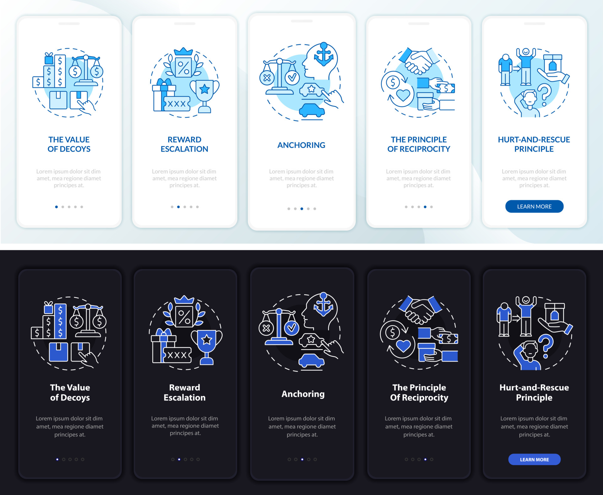 Neuroscience principles onboarding mobile app page screen. Decoy effect
