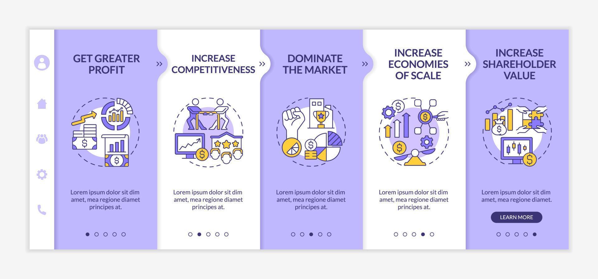 importancia de la plantilla vectorial de incorporación de expansión empresarial. sitio web móvil sensible con iconos. Tutorial de página web Pantallas de 5 pasos. concepto de color de crecimiento de la empresa con ilustraciones lineales vector