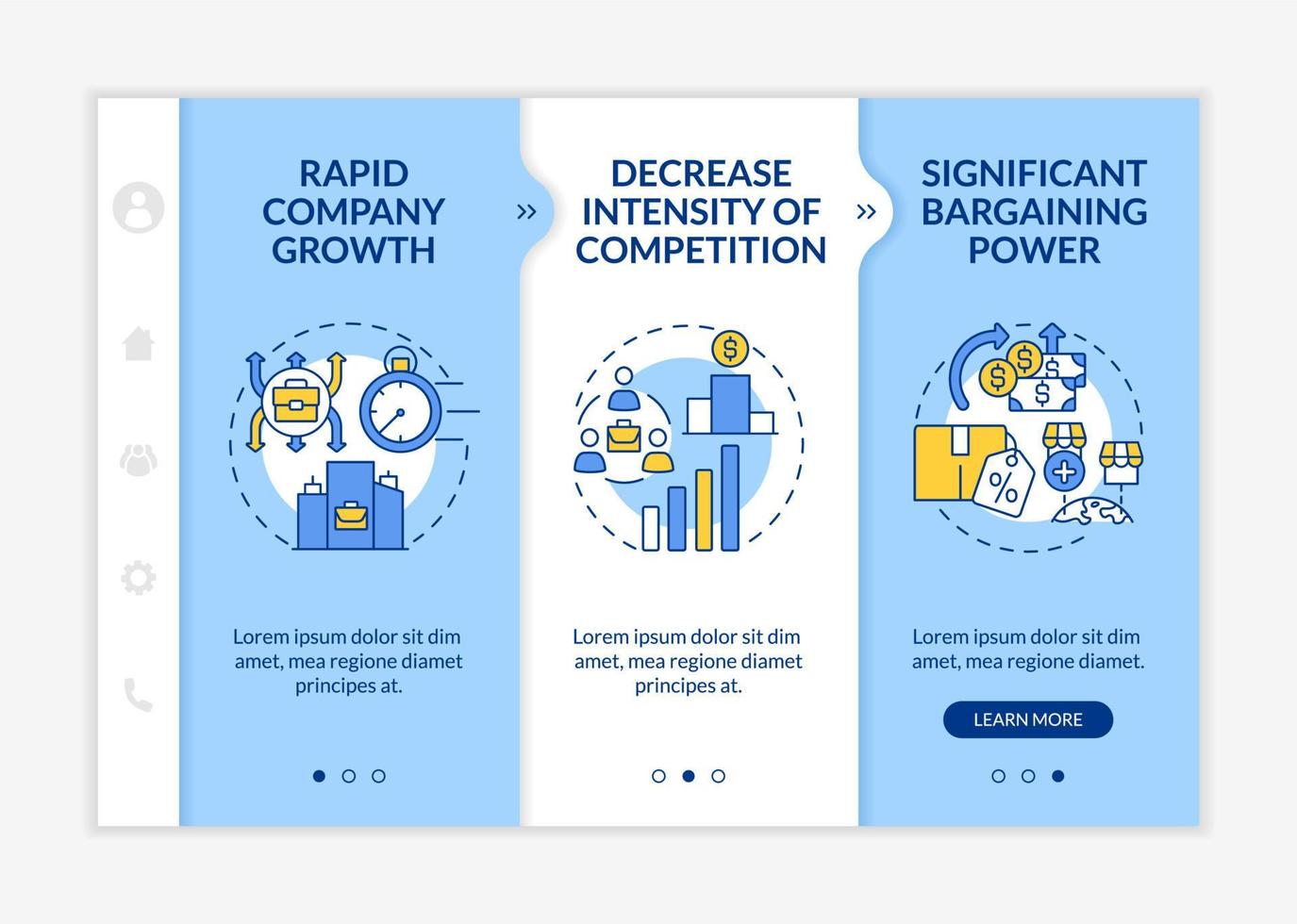 plantilla de vector de incorporación de ventajas de crecimiento externo. sitio web móvil sensible con iconos. Tutorial de la página web Pantallas de 3 pasos. concepto de color de desarrollo de la empresa con ilustraciones lineales