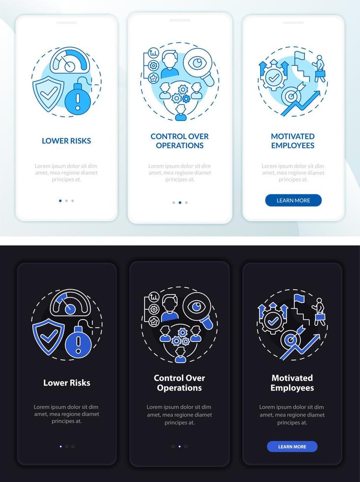 Internal growth perks dark, light onboarding mobile app page screen. Walkthrough 3 steps graphic instructions with concepts. UI, UX, GUI vector template with linear night and day mode illustrations