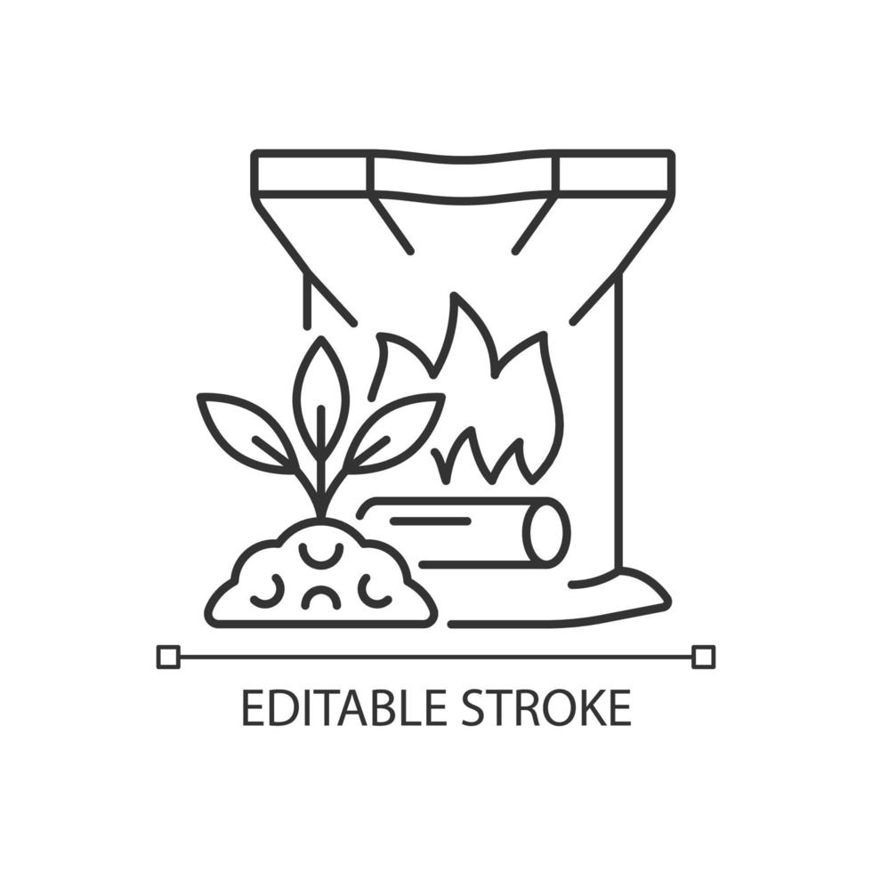 Wood ash linear icon. Organic plants and crops fertilizer. Soil supplement. Nourishing additive. Thin line customizable illustration. Contour symbol. Vector isolated outline drawing. Editable stroke