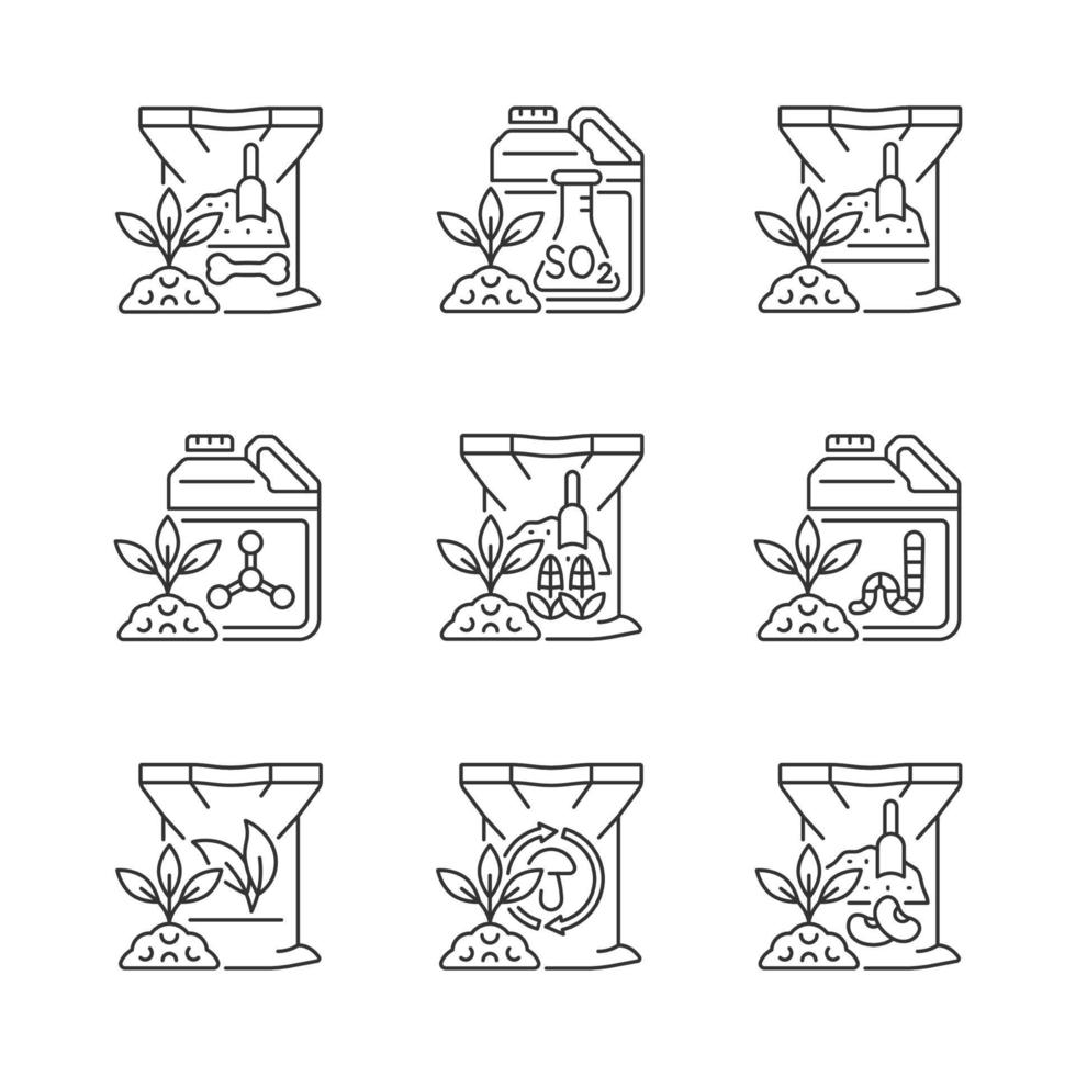 Natural fertilizers linear icons set. Organic additives for ground and plants. Growth increasing. Customizable thin line contour symbols. Isolated vector outline illustrations. Editable stroke