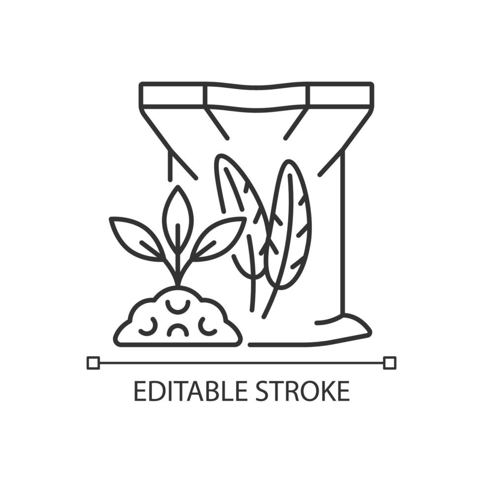 Feather meal linear icon. Organic soil and plants supplement. Poultry byproduct used as feeding. Thin line customizable illustration. Contour symbol. Vector isolated outline drawing. Editable stroke