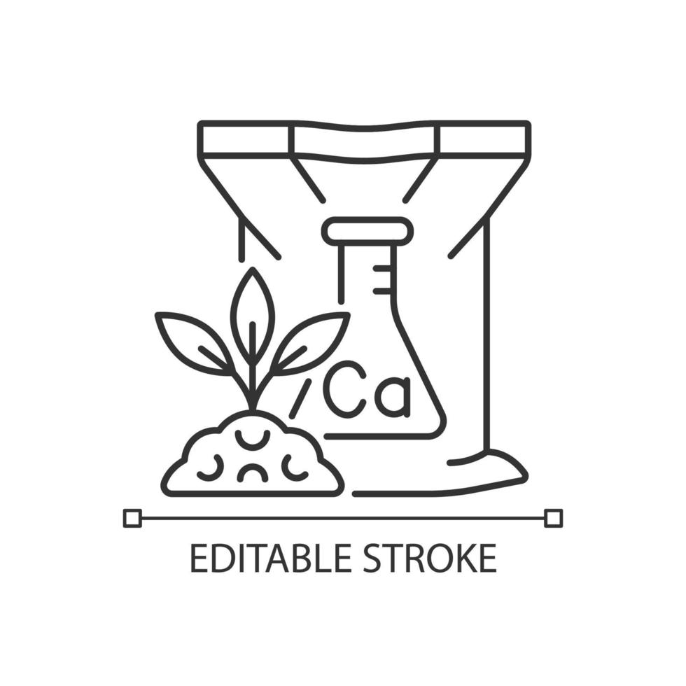 Calcium fertilizers linear icon. Chemical and organic supplements for plants. Egg shell meal. Thin line customizable illustration. Contour symbol. Vector isolated outline drawing. Editable stroke