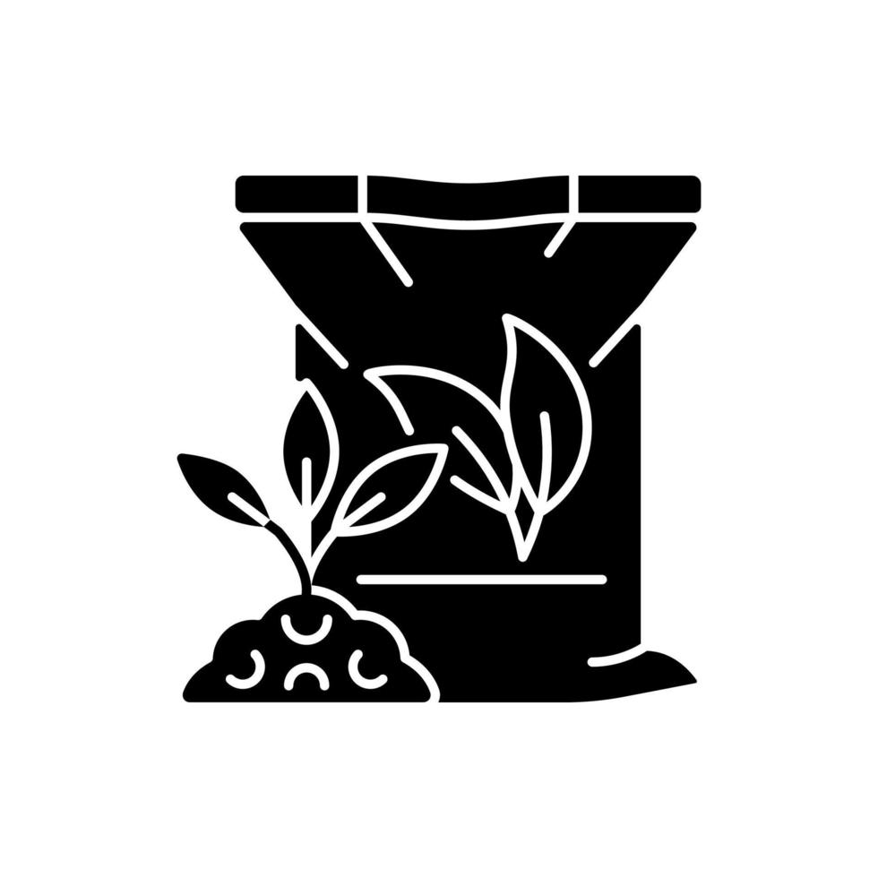 Organic fertilizers black glyph icon. Natural supplements for soil and plants. Ground enricher. Minerals and nutrients. Silhouette symbol on white space. Vector isolated illustration