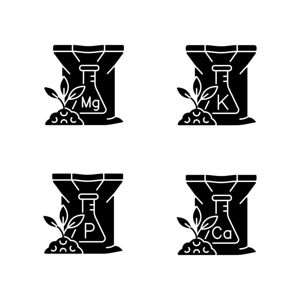 Chemical fertilizer black glyph icons set on white space. Inorganic supplements for ground and plants. Rich in magnesium and calcium. Silhouette symbols. Vector isolated illustration