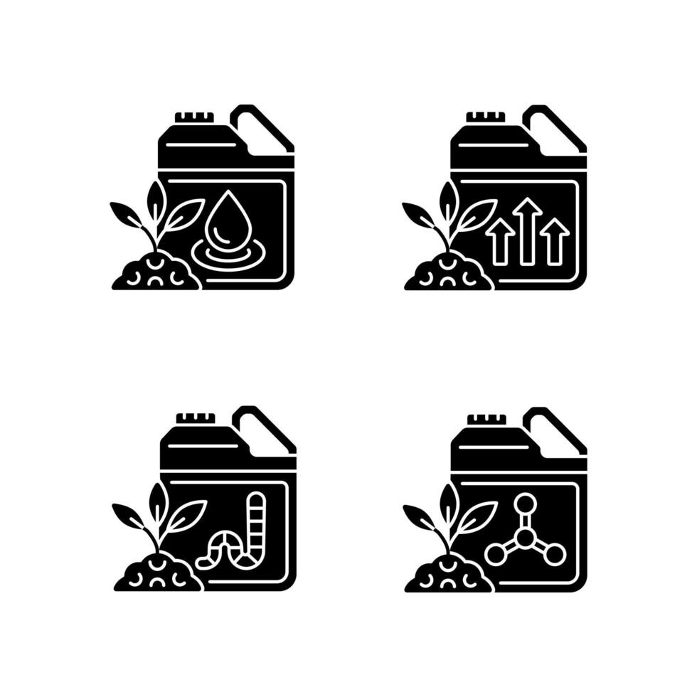 Liquid supplements black glyph icons set on white space. Fluid fertilizer for ground and roots. Organic and chemical additives. Minerals, elements. Silhouette symbols. Vector isolated illustration