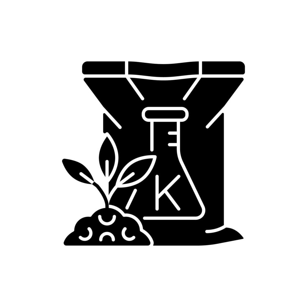 Potassium fertilizer black glyph icon. Plants growth increasing. Plant nourishment. Supplement for soil. Minerals and salts. Silhouette symbol on white space. Vector isolated illustration