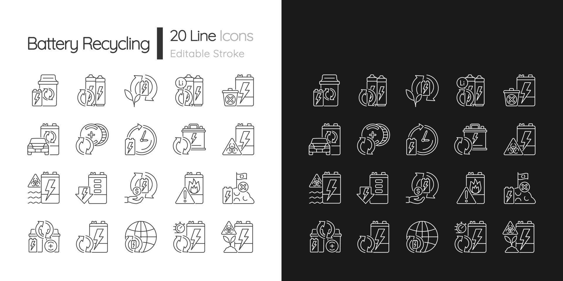 Battery recycling linear icons set for dark and light mode. Accumulator reuse. Electronic waste recovery. Customizable thin line symbols. Isolated vector outline illustrations. Editable stroke