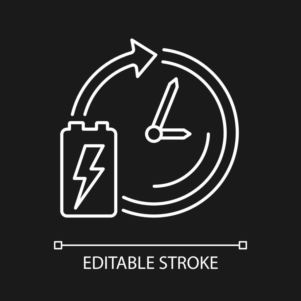 Battery lifetime white linear icon for dark theme. Accumulator lifespan and durability. Thin line customizable illustration. Isolated vector contour symbol for night mode. Editable stroke