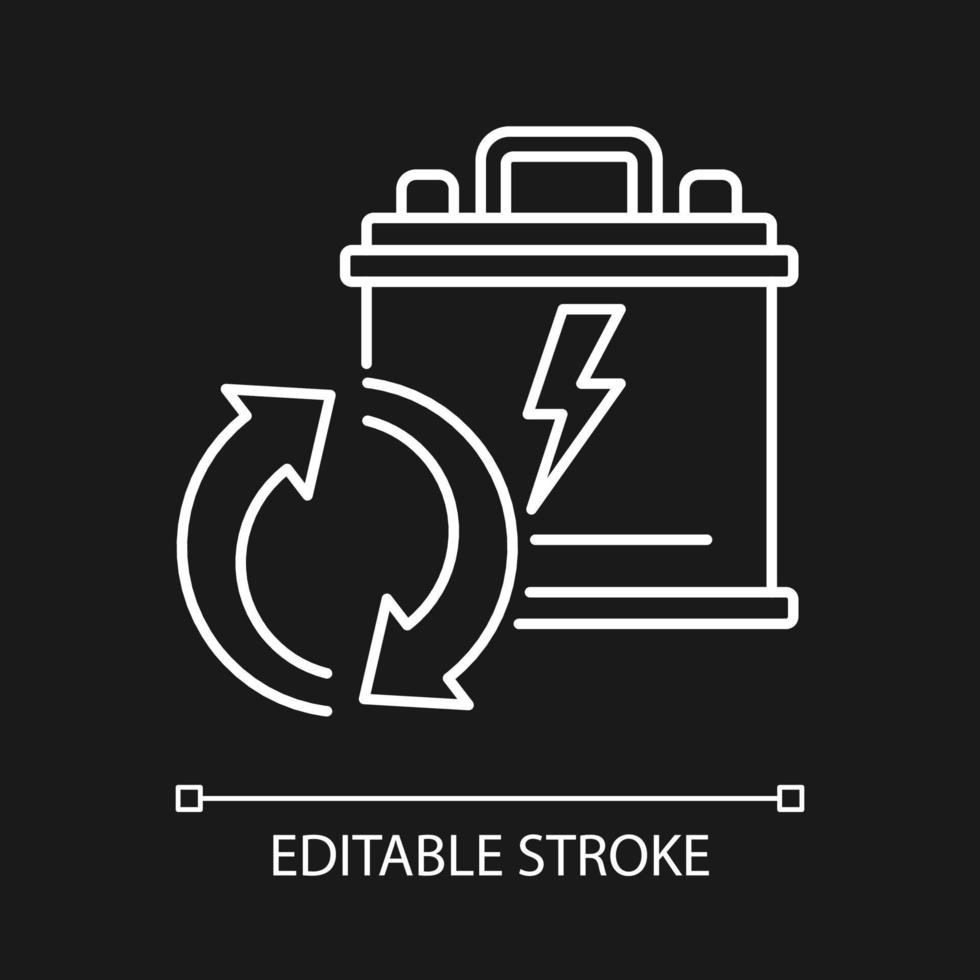 Recyclable lead-acid batteries white linear icon for dark theme. Car accumulator recycling. Thin line customizable illustration. Isolated vector contour symbol for night mode. Editable stroke