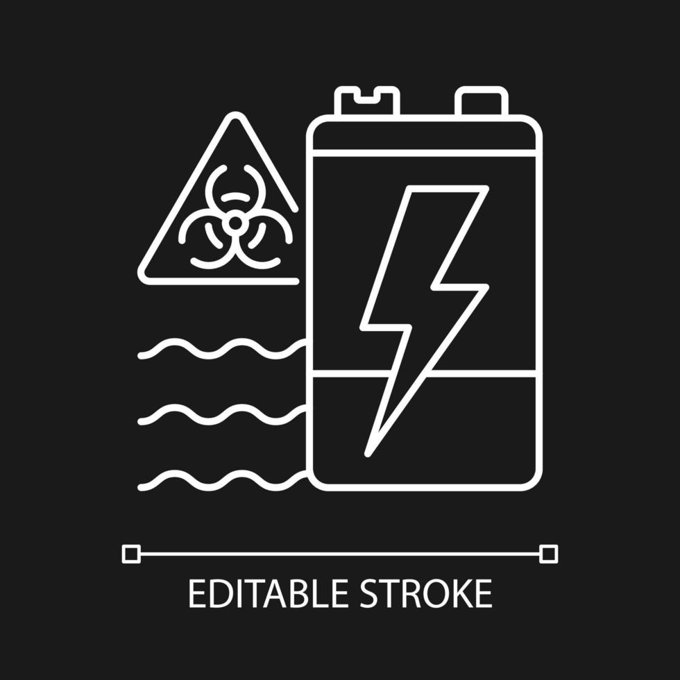 Battery water contamination threat white linear icon for dark theme. Groundwater pollution. Thin line customizable illustration. Isolated vector contour symbol for night mode. Editable stroke