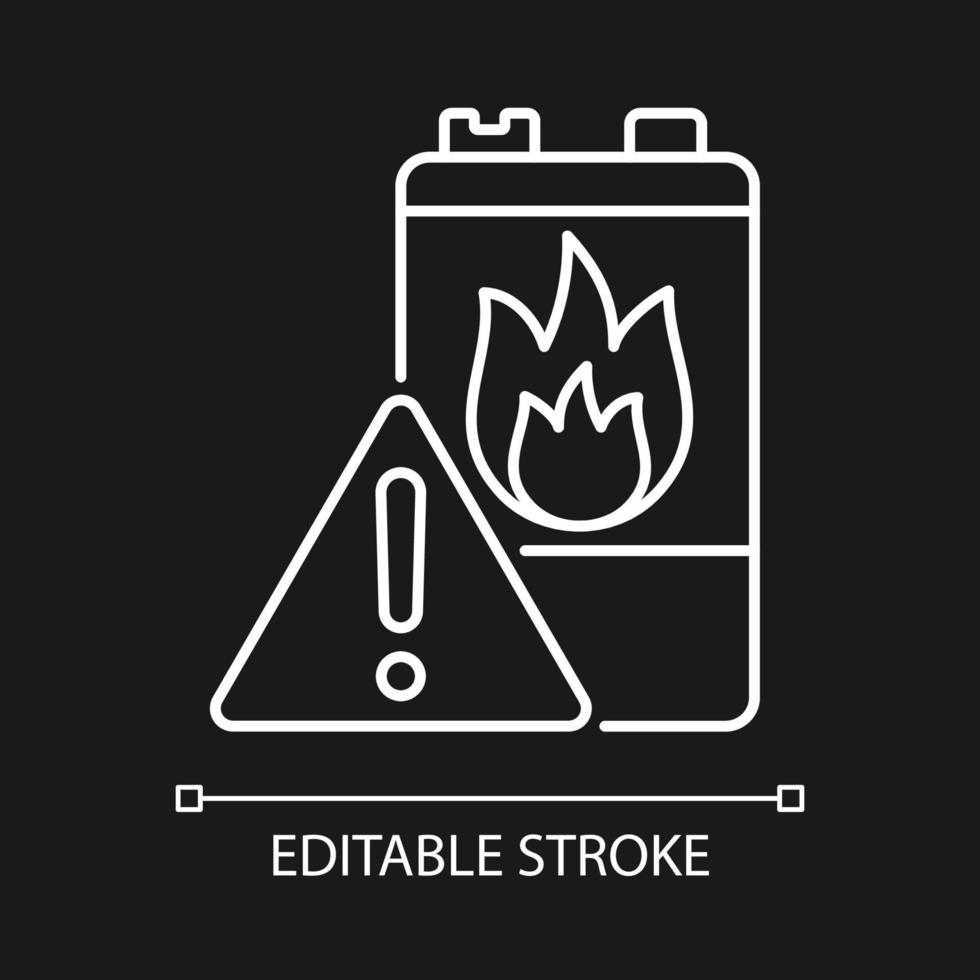 Battery flammability white linear icon for dark theme. Accumulator flash point. Fire start risk. Thin line customizable illustration. Isolated vector contour symbol for night mode. Editable stroke