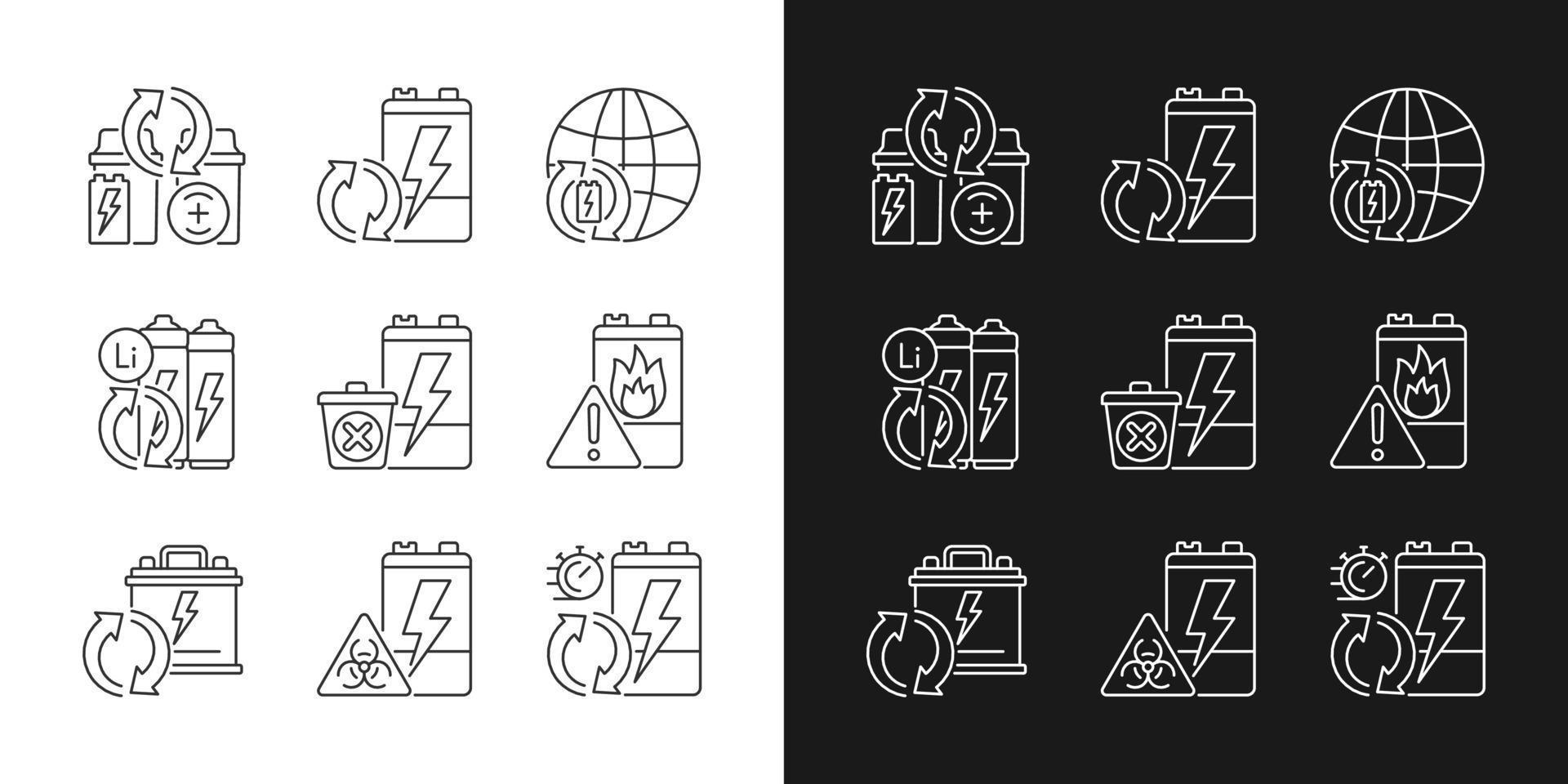 Battery reuse linear icons set for dark and light mode. Recyclable electronic waste. Accumulator recycling. Customizable thin line symbols. Isolated vector outline illustrations. Editable stroke