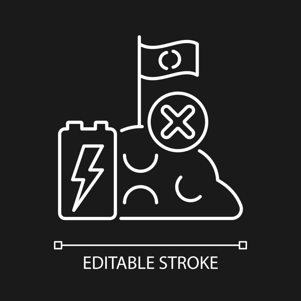 No battery landfills white linear icon for dark theme. Accumulator corrosion soil contamination. Thin line customizable illustration. Isolated vector contour symbol for night mode. Editable stroke
