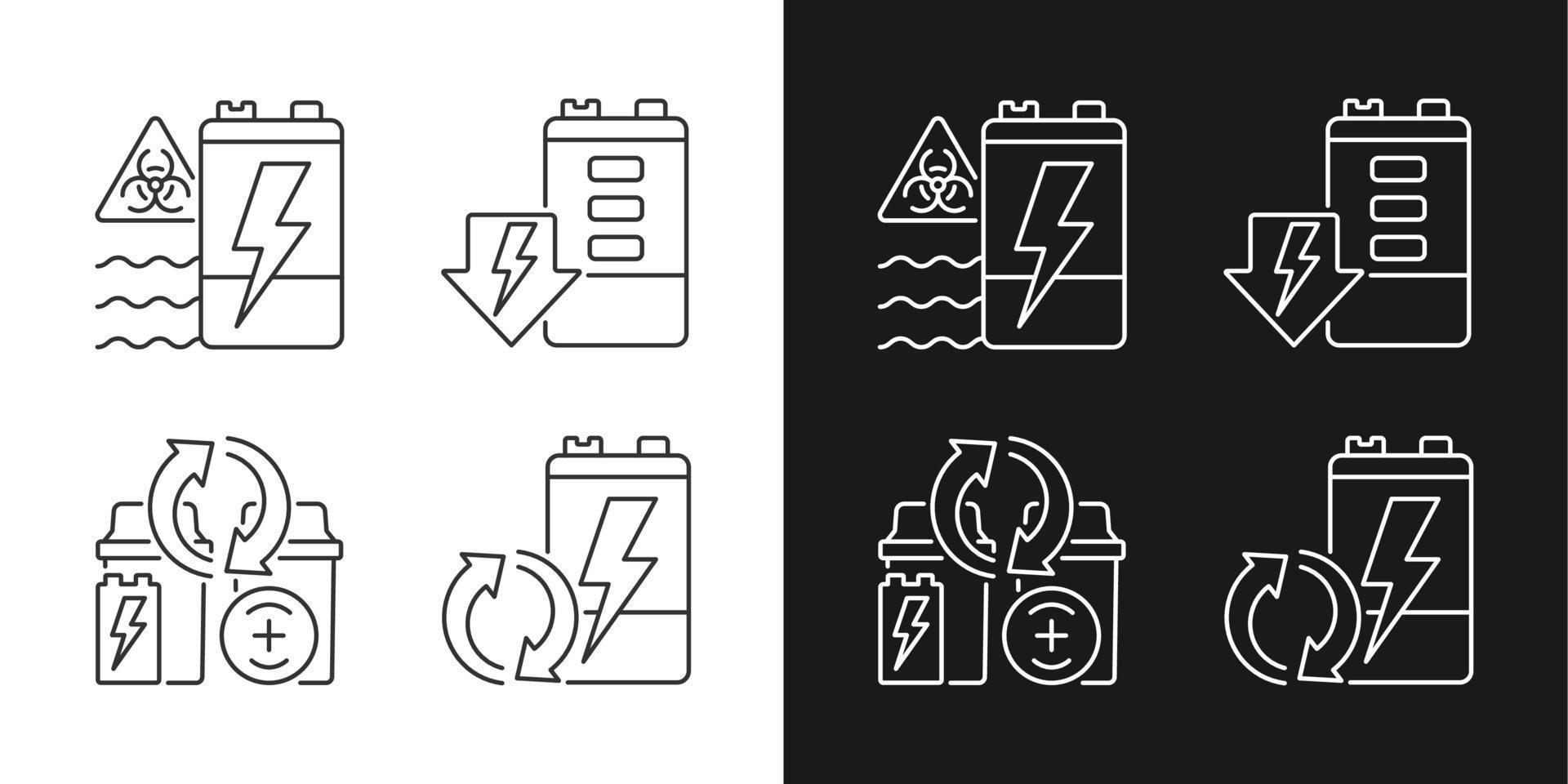 Battery reuse linear icons set for dark and light mode. Prevent environment contamination. E-waste recycling. Customizable thin line symbols. Isolated vector outline illustrations. Editable stroke