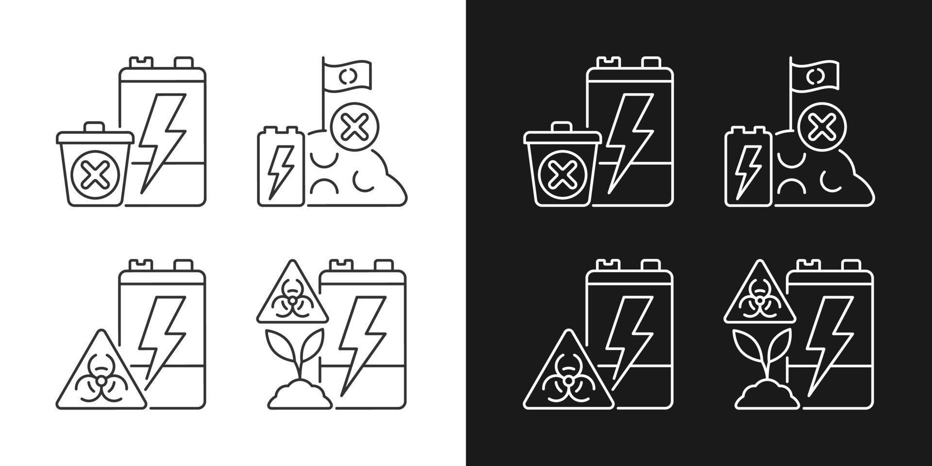 Improper battery disposal linear icons set for dark and light mode. E-waste prohibited landfill. Ecology harm. Customizable thin line symbols. Isolated vector outline illustrations. Editable stroke