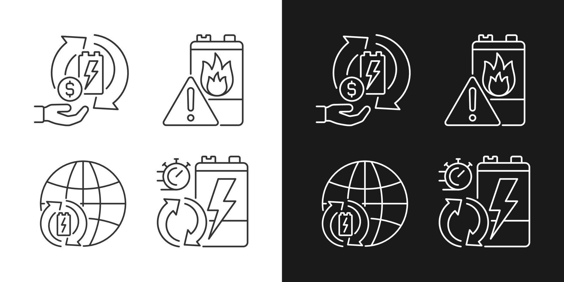 Recycling world industry linear icons set for dark and light mode. Sell old batteries. E-waste processing rate. Customizable thin line symbols. Isolated vector outline illustrations. Editable stroke