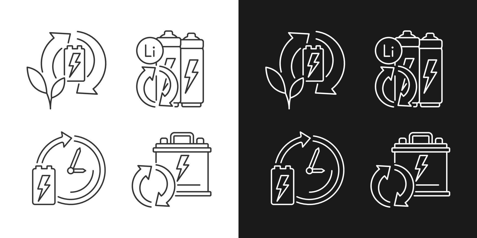Eco battery disposal linear icons set for dark and light mode. Accumulator reuse. Recycling electronic waste. Customizable thin line symbols. Isolated vector outline illustrations. Editable stroke