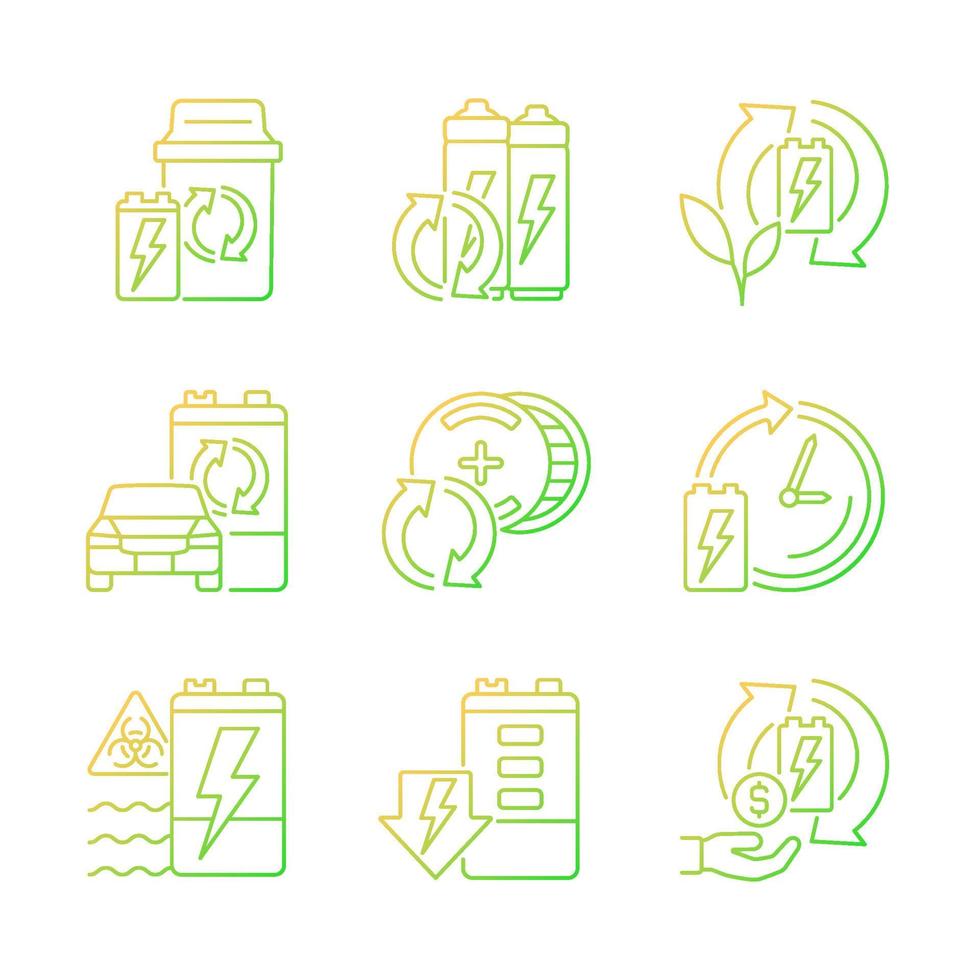 Battery processing gradient linear vector icons set. Accumulators reuse. Recycling technology. E-waste correct disposal. Thin line contour symbols bundle. Isolated outline illustrations collection