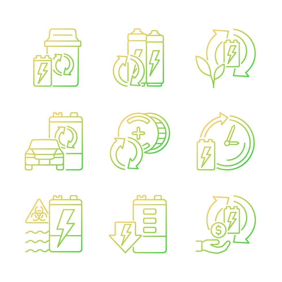 Battery processing gradient linear vector icons set. Accumulators reuse. Recycling technology. E-waste correct disposal. Thin line contour symbols bundle. Isolated outline illustrations collection