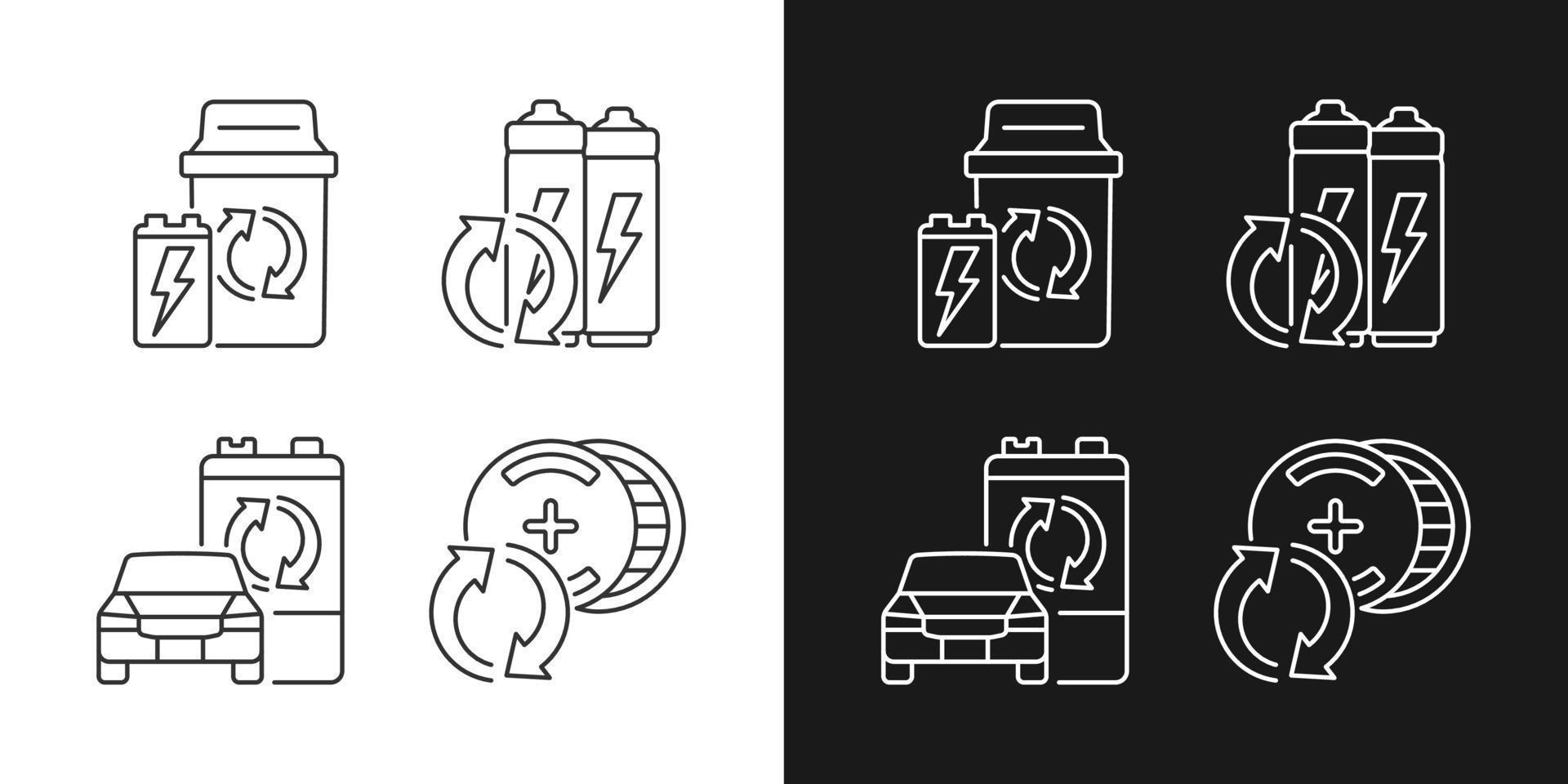 Recyclable battery types linear icons set for dark and light mode. Lithium-ion recycling. Car accumulator reuse. Customizable thin line symbols. Isolated vector outline illustrations. Editable stroke