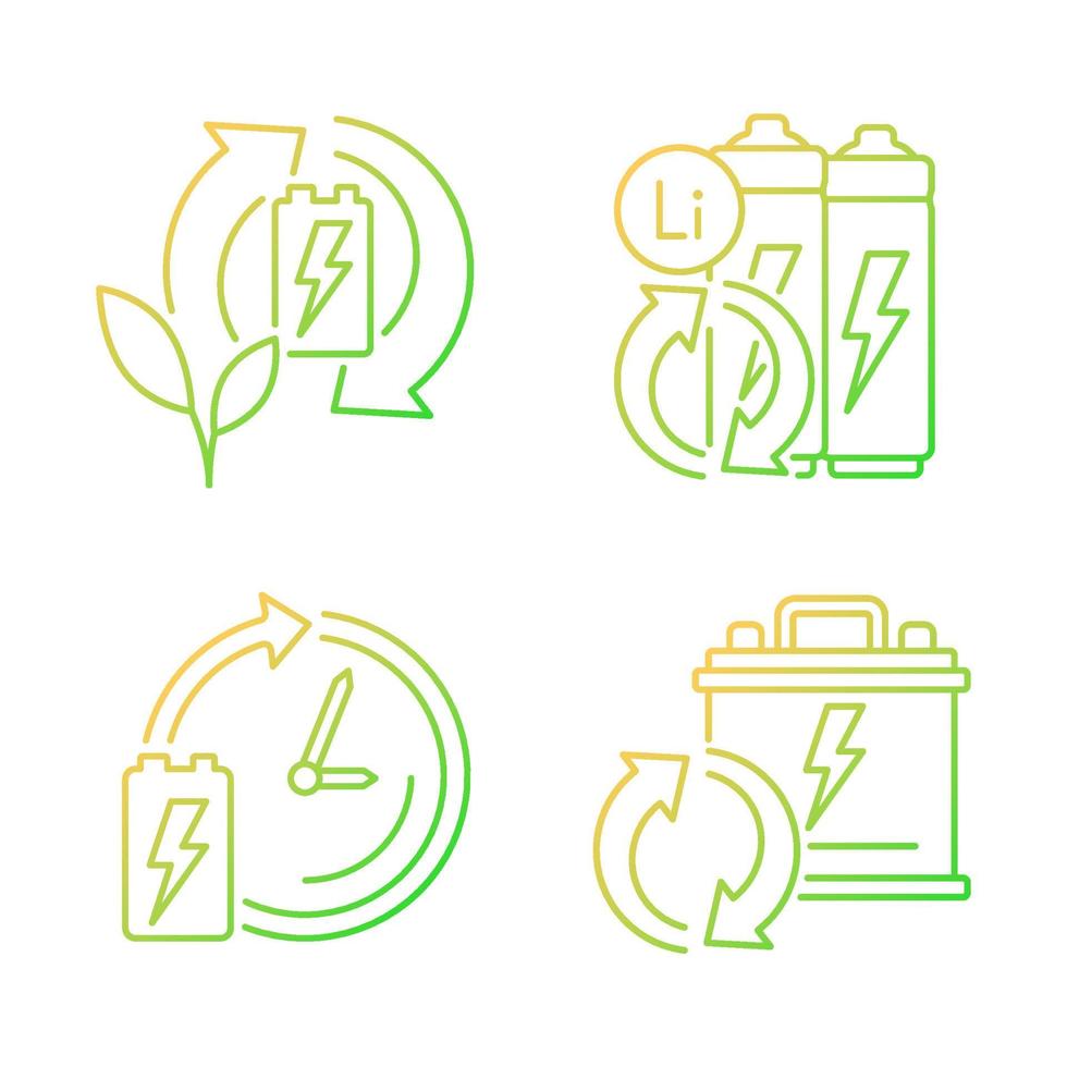 Eco battery disposal gradient linear vector icons set. Environmentally friendly reuse. Recycling electronic waste. Thin line contour symbols bundle. Isolated outline illustrations collection