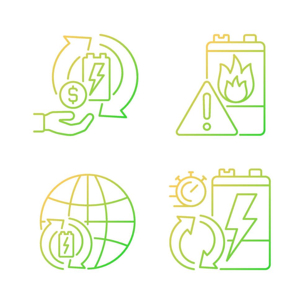 Recycling world industry gradient linear vector icons set. Make money on used batteries. E-waste processing rate. Thin line contour symbols bundle. Isolated outline illustrations collection