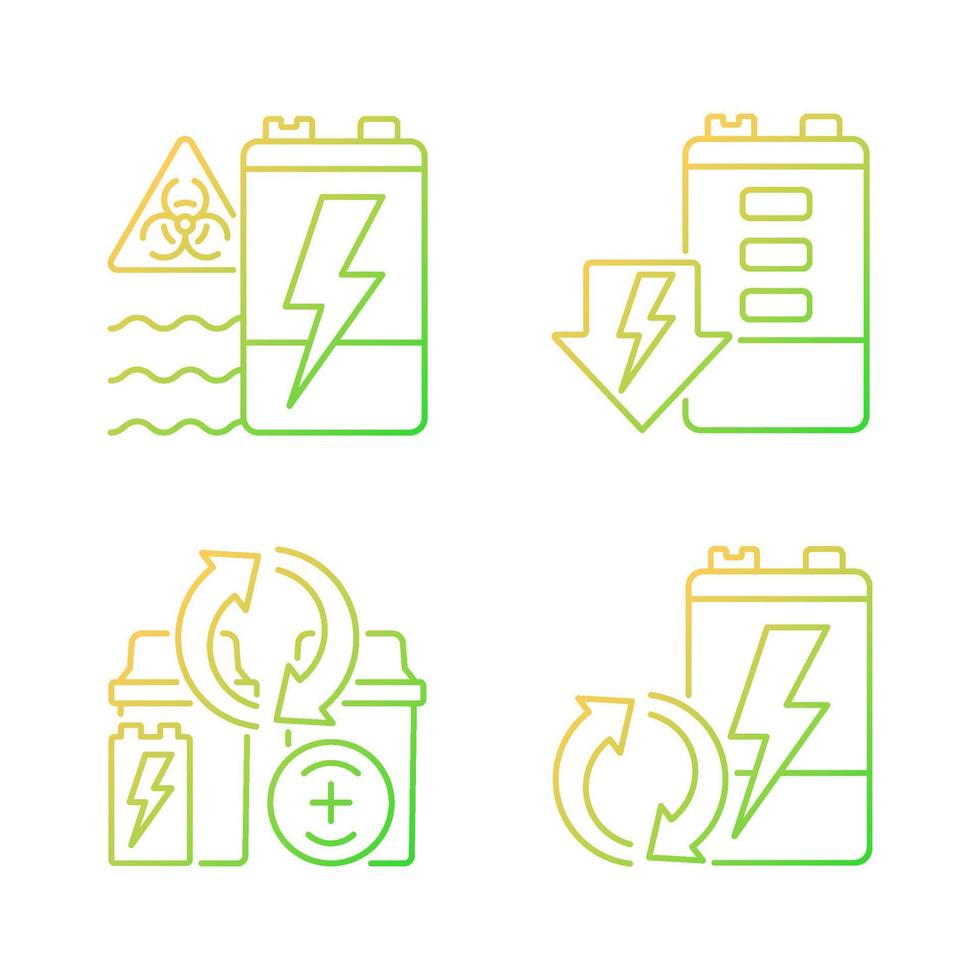 Battery reuse gradient linear vector icons set. Prevent environment contamination. Electronic waste recycling station. Thin line contour symbols bundle. Isolated outline illustrations collection