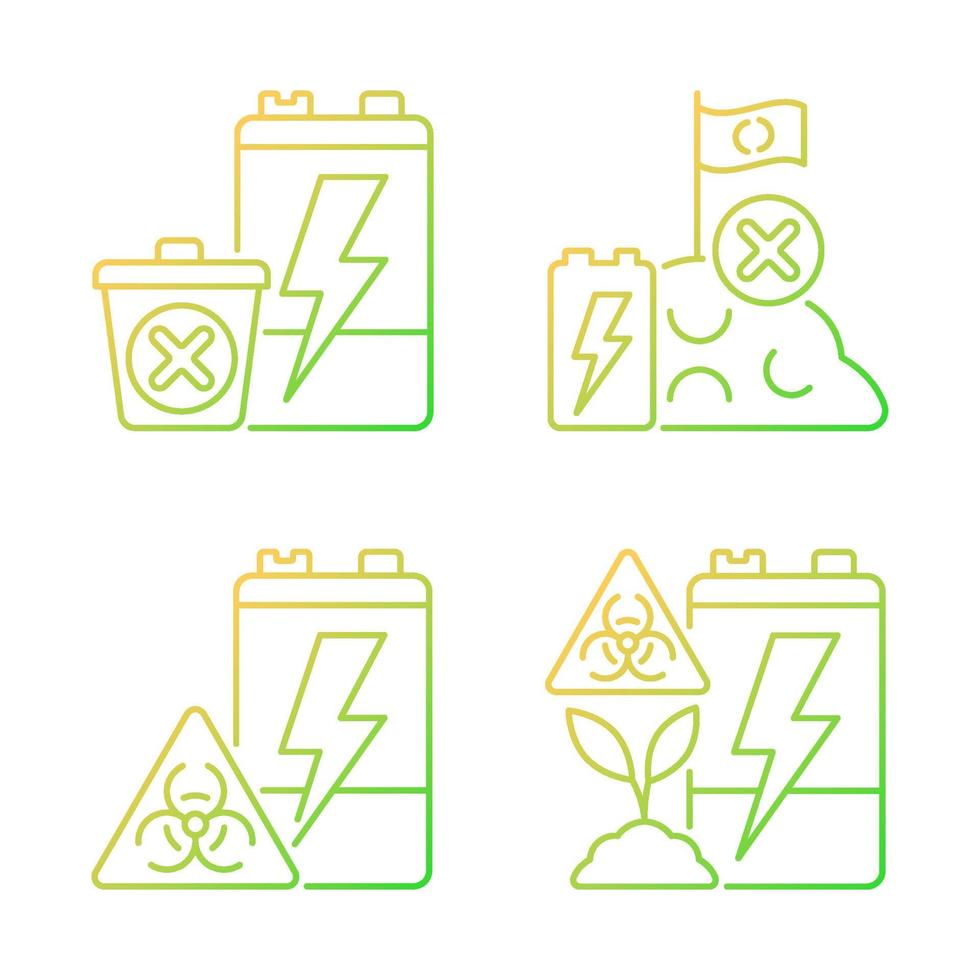 Improper battery disposal gradient linear vector icons set. E-waste prohibited landfill. Accumulator toxicity and harm. Thin line contour symbols bundle. Isolated outline illustrations collection