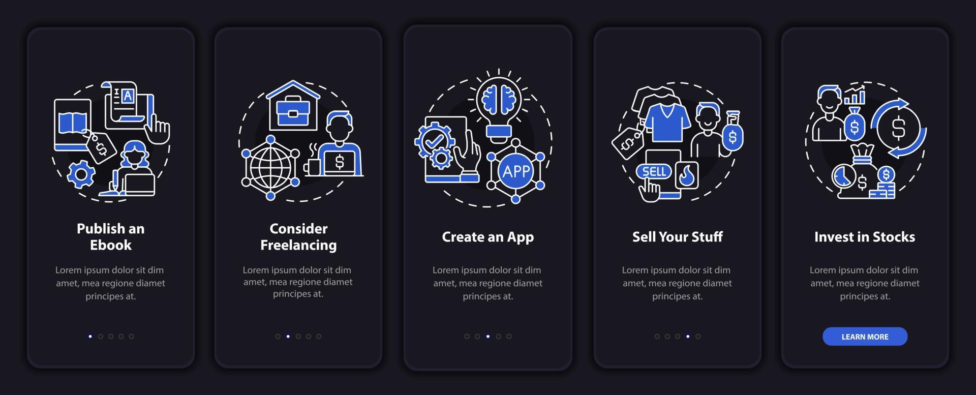 Money making approaches onboarding mobile app page screen. Creating apps walkthrough 5 steps graphic instructions with concepts. UI, UX, GUI vector template with linear night mode illustrations