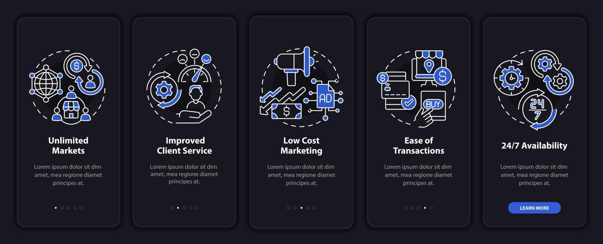 Digital entrepreneurship pros onboarding mobile app page screen. Client service walkthrough 5 steps graphic instructions with concepts. UI, UX, GUI vector template with linear night mode illustrations