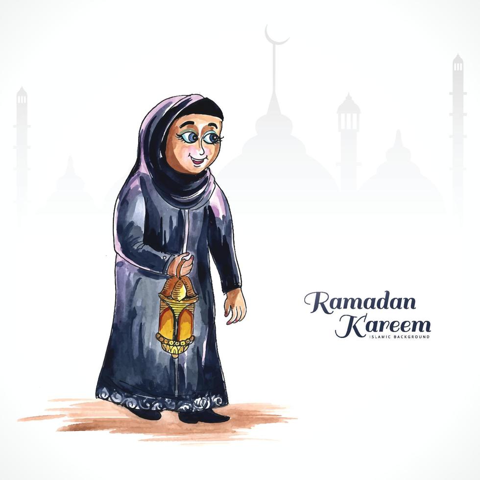 tarjeta de felicitación de ramadán kareem con hermosa mujer musulmana sosteniendo un diseño de linterna árabe vector