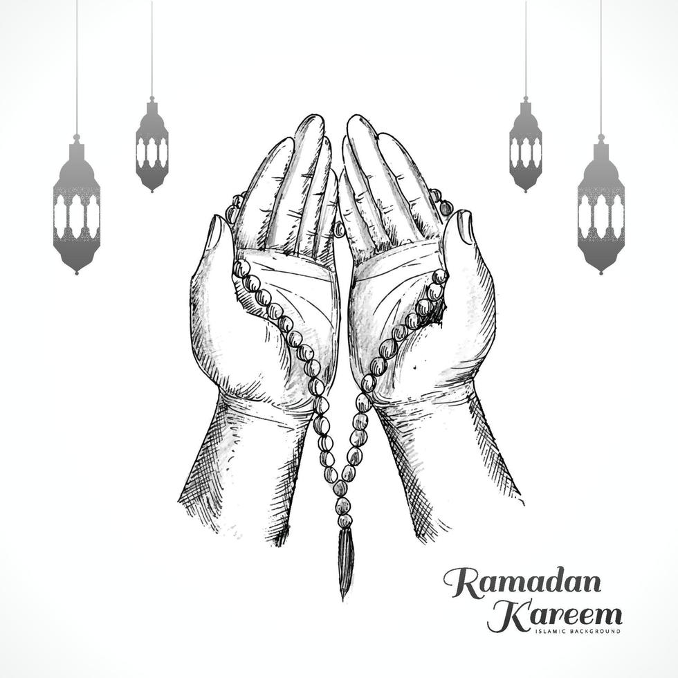 dibujar a mano boceto manos de hombre musulmán rezando sosteniendo rosario diseño de tarjeta de ramadán kareem vector