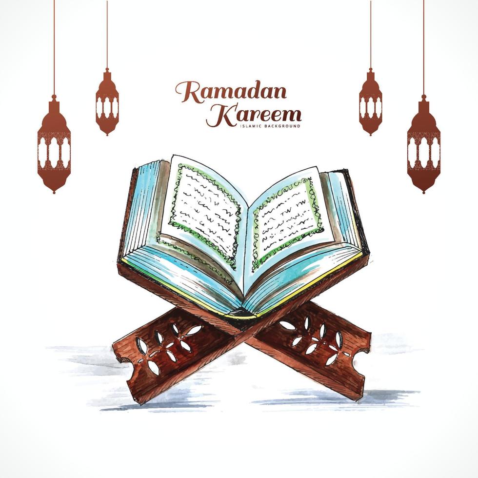 Holy book of the Koran on the stand with arabic lamps ramadan kareem card background vector