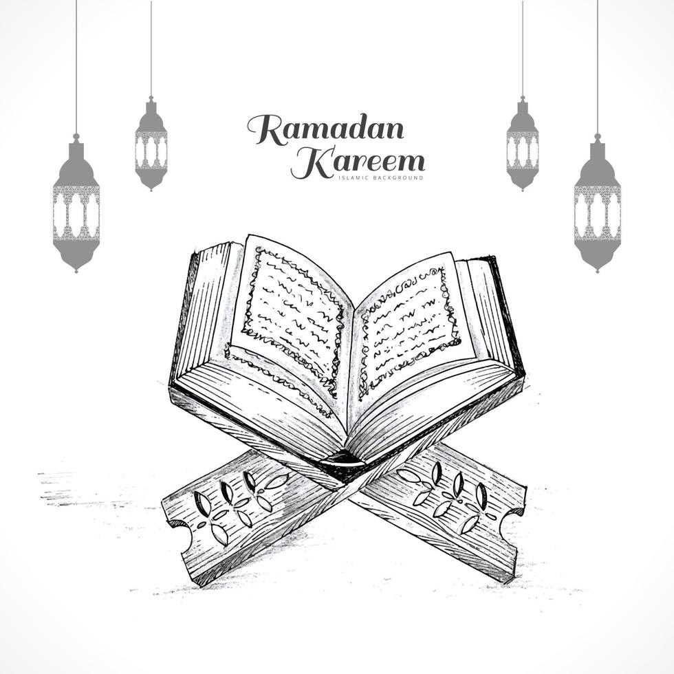 Hand drawn sketch of holy book of the koran on the stand ramadan kareem design vector