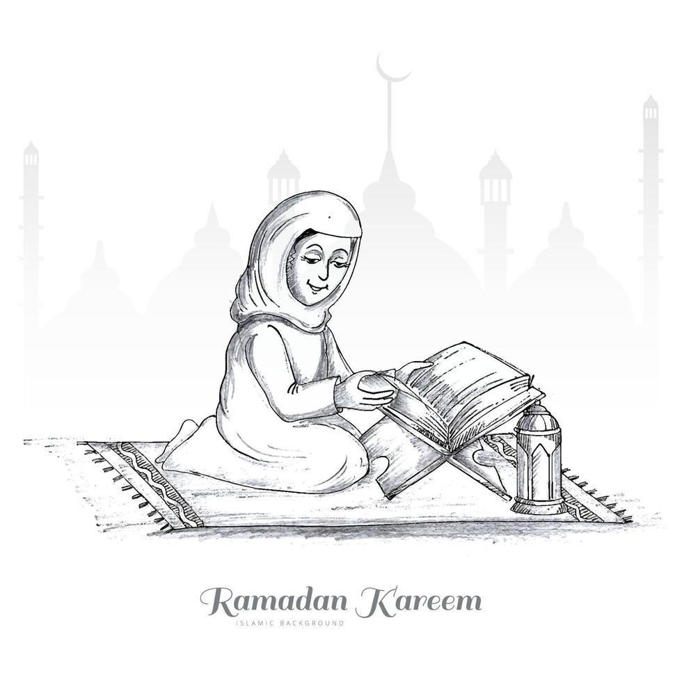 Hand draw muslim woman reading quran islamic holy book after praying sketch design vector