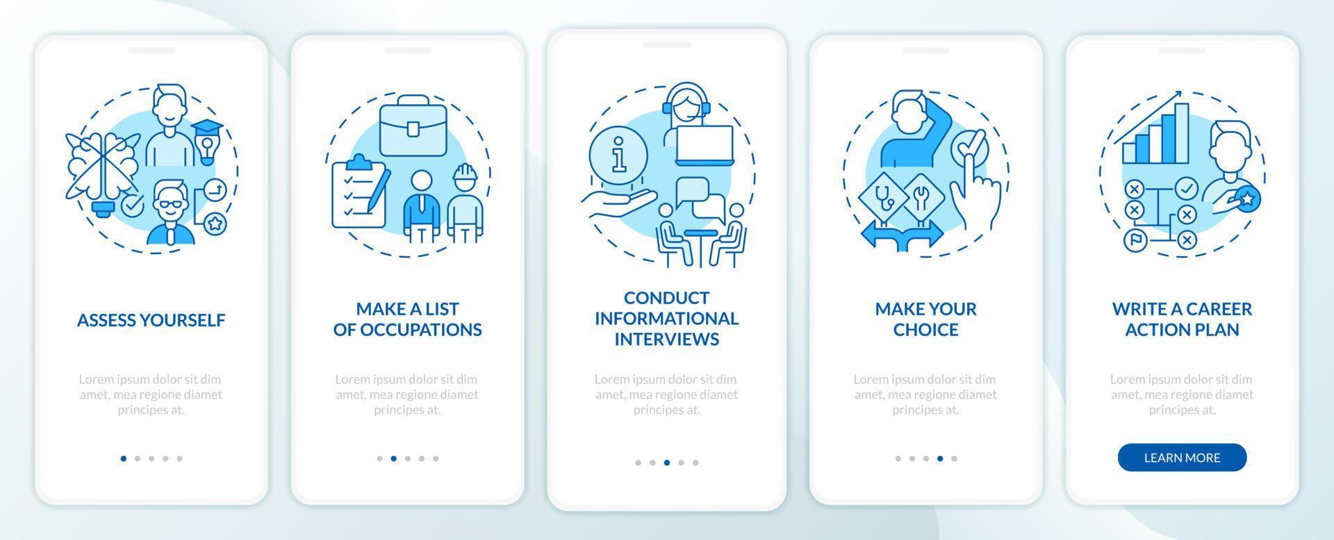 Steps to select career path blue onboarding mobile app screen. Walkthrough 5 steps graphic instructions pages with linear concepts. UI, UX, GUI template. Myriad Pro-Bold, Regular fonts used vector