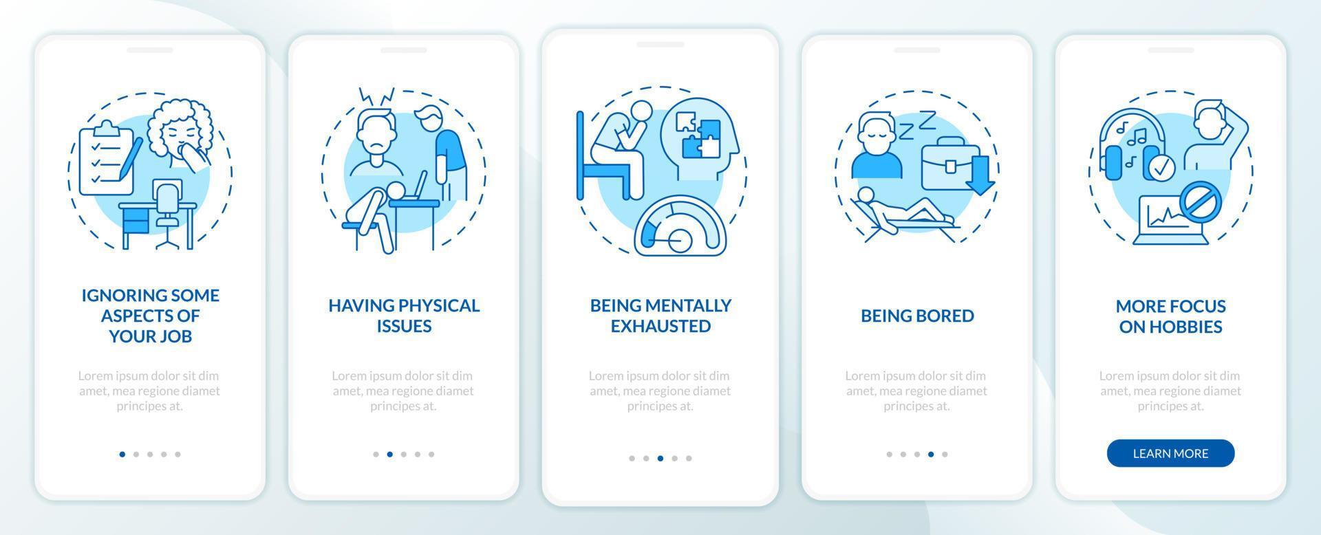 Hints you are in wrong profession blue onboarding mobile app screen. Walkthrough 5 steps graphic instructions pages with linear concepts. UI, UX, GUI template. Myriad Pro-Bold, Regular fonts used vector