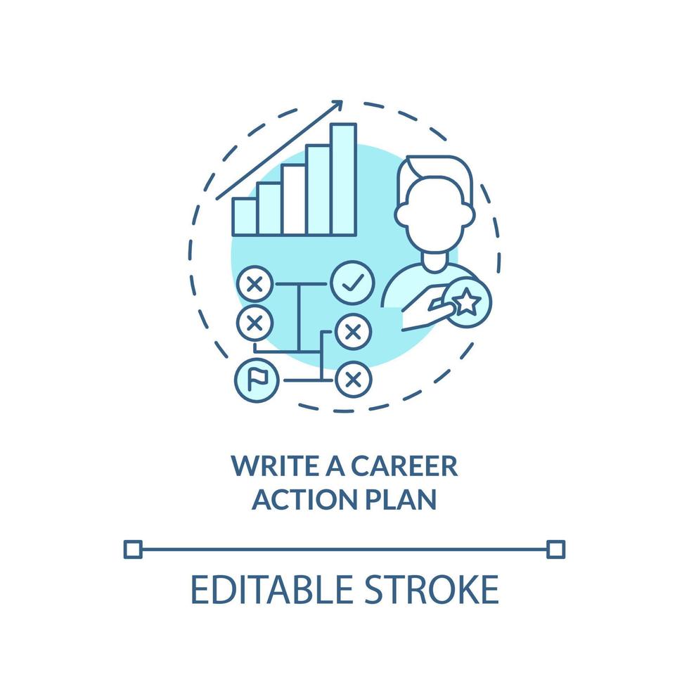 Write career action plan turquoise concept icon. Step to find right occupation abstract idea thin line illustration. Isolated outline drawing. Editable stroke. Arial, Myriad Pro-Bold fonts used vector