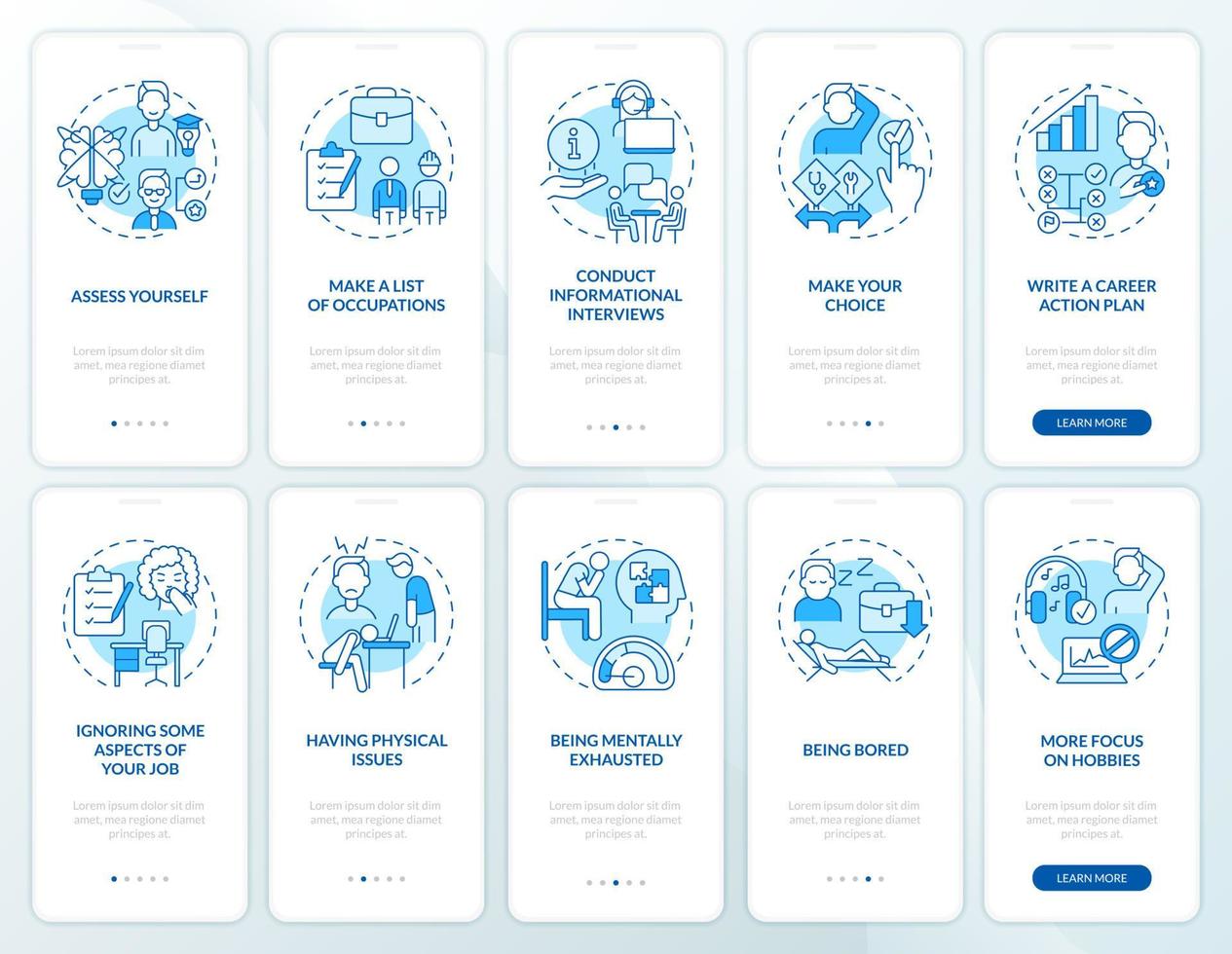 Choosing best job blue onboarding mobile app screen set. Bad work choice walkthrough 5 steps graphic instructions pages with linear concepts. UI, UX, GUI template. Myriad Pro-Bold, Regular fonts used vector